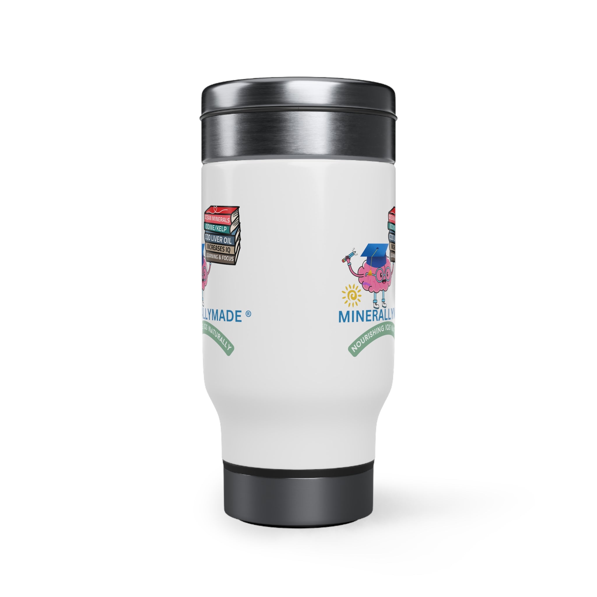 Minerallymade | Nourishing IQs Naturally | Stainless Steel Travel Mug with Handle, 14oz